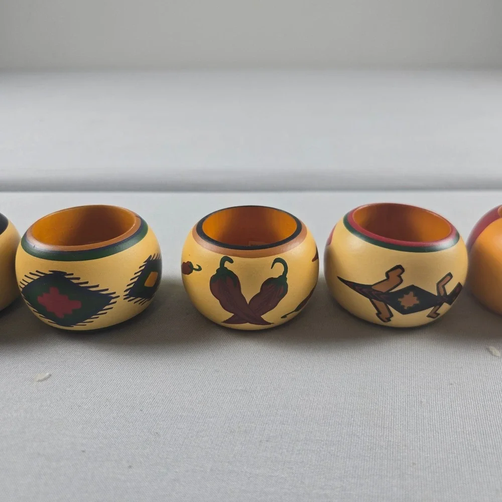 Vintage Hand Painted Wood Napkin Rings Set of 6 India Southwestern Folk Art